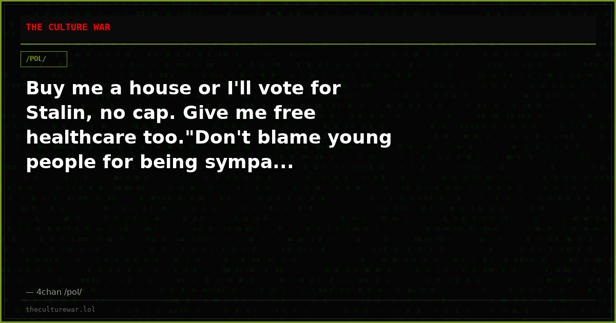 Buy me a house or I'll vote for Stalin, no cap. Give me free healthcare too."Don't blame young people for being sympa...