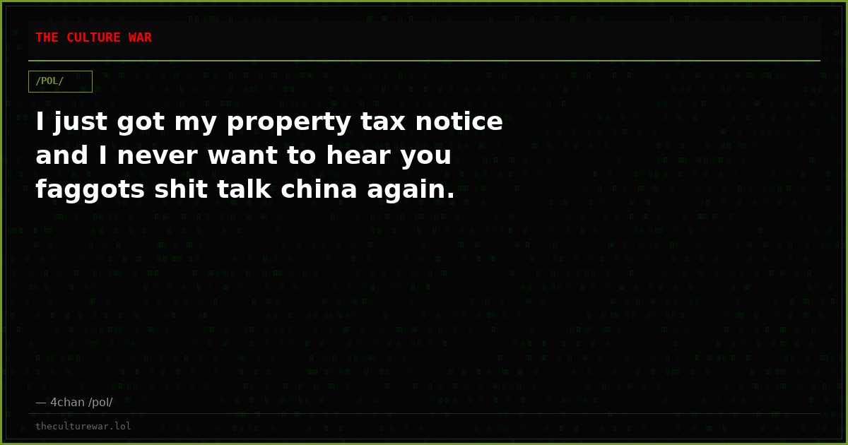 I just got my property tax notice and I never want to hear you faggots shit talk china again.