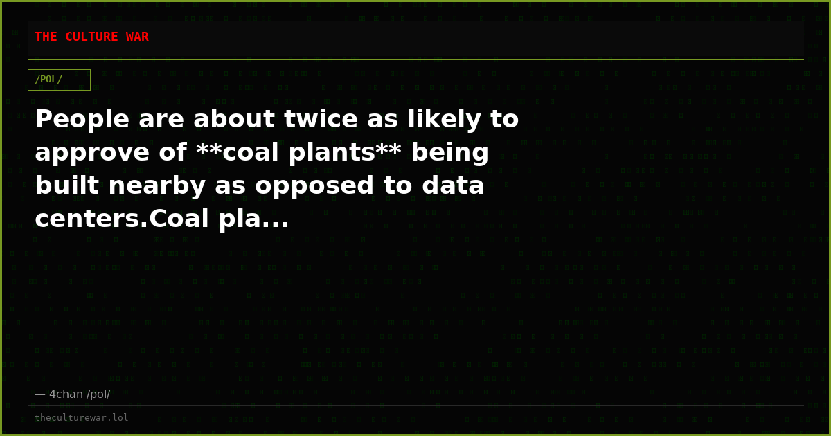 People are about twice as likely to approve of **coal plants** being built nearby as opposed to data centers.Coal pla...