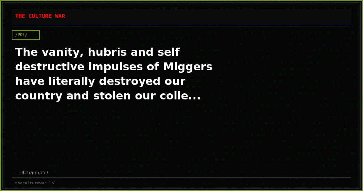 The vanity, hubris and self destructive impulses of Miggers have literally destroyed our country and stolen our colle...