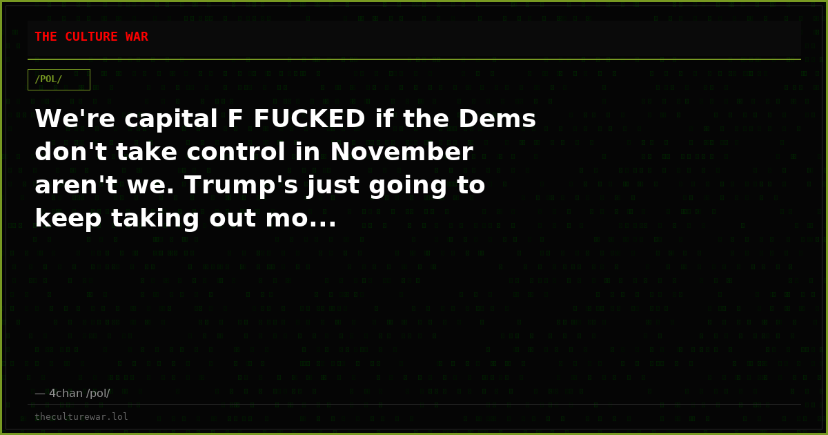 We're capital F FUCKED if the Dems don't take control in November aren't we. Trump's just going to keep taking out mo...