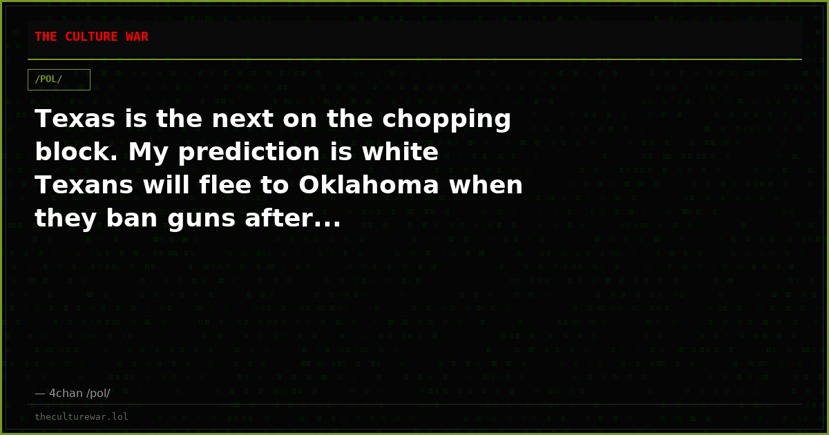Texas is the next on the chopping block. My prediction is white Texans will flee to Oklahoma when they ban guns after...