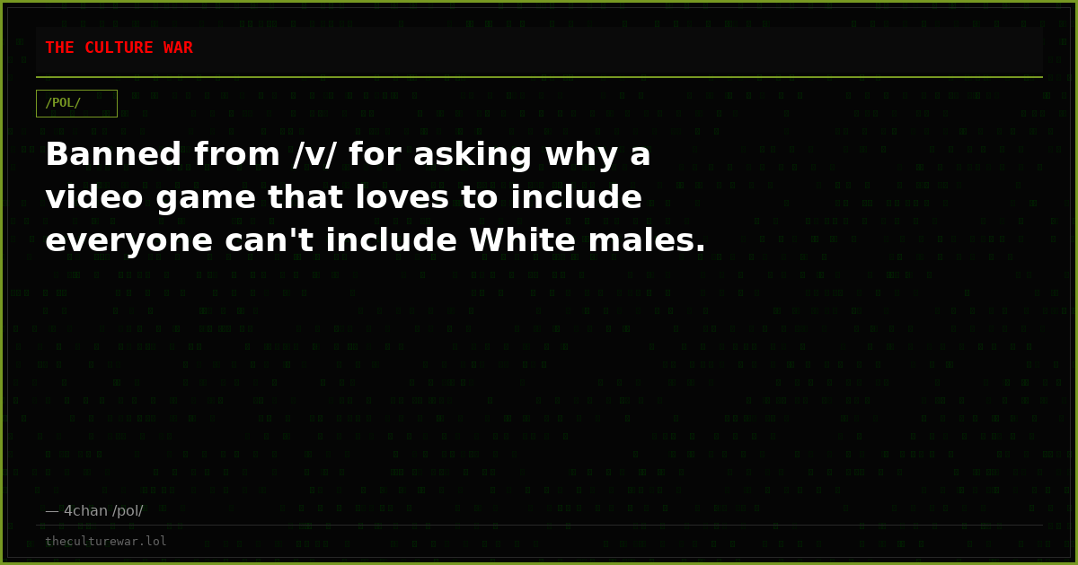 Banned from /v/ for asking why a video game that loves to include everyone can't include White males.