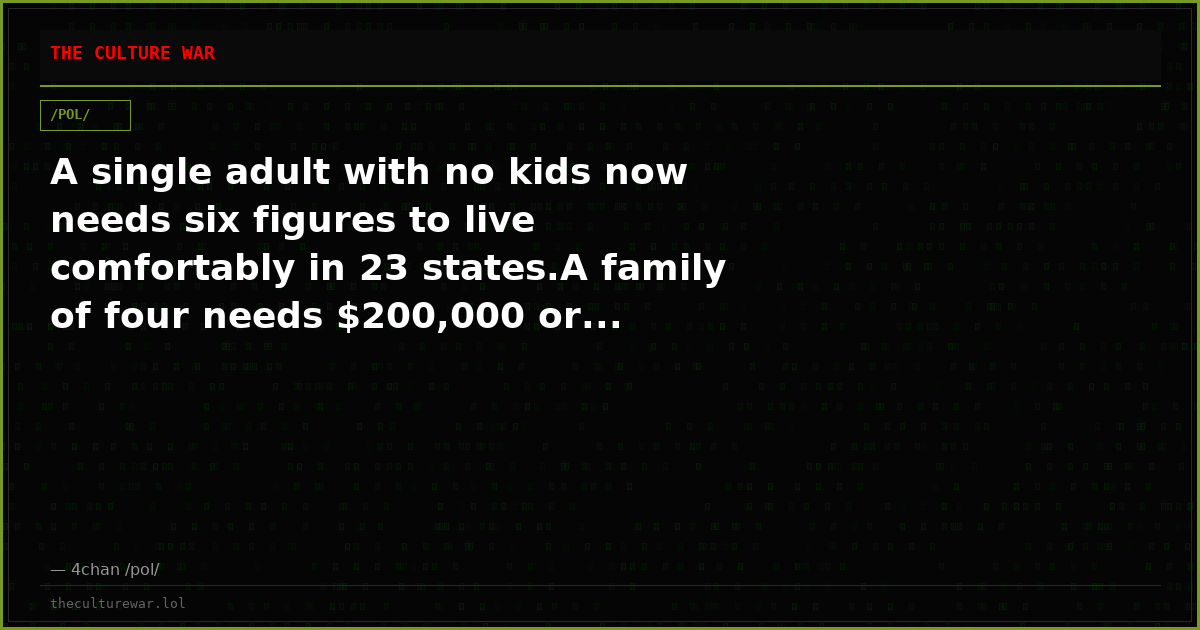 A single adult with no kids now needs six figures to live comfortably in 23 states.A family of four needs $200,000 or...