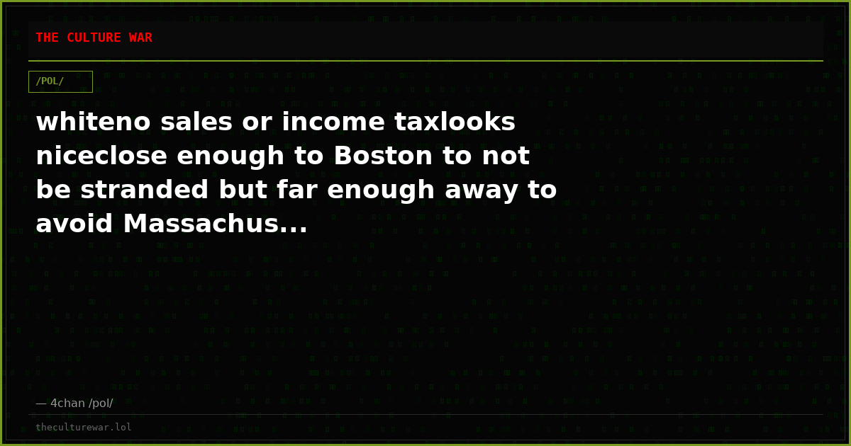 whiteno sales or income taxlooks niceclose enough to Boston to not be stranded but far enough away to avoid Massachus...
