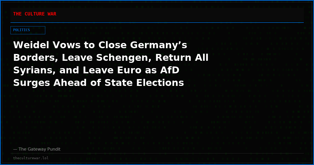 Weidel Vows to Close Germany’s Borders, Leave Schengen, Return All Syrians, and Leave Euro as AfD Surges Ahead of State Elections