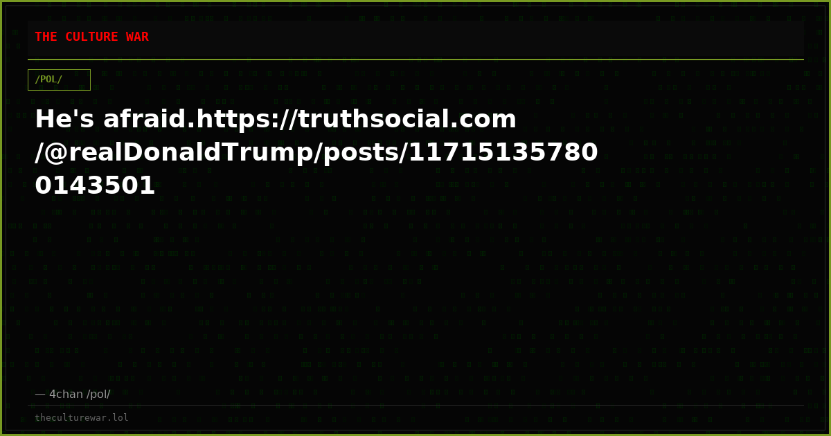 He's afraid.https://truthsocial.com/@realDonaldTrump/posts/117151357800143501