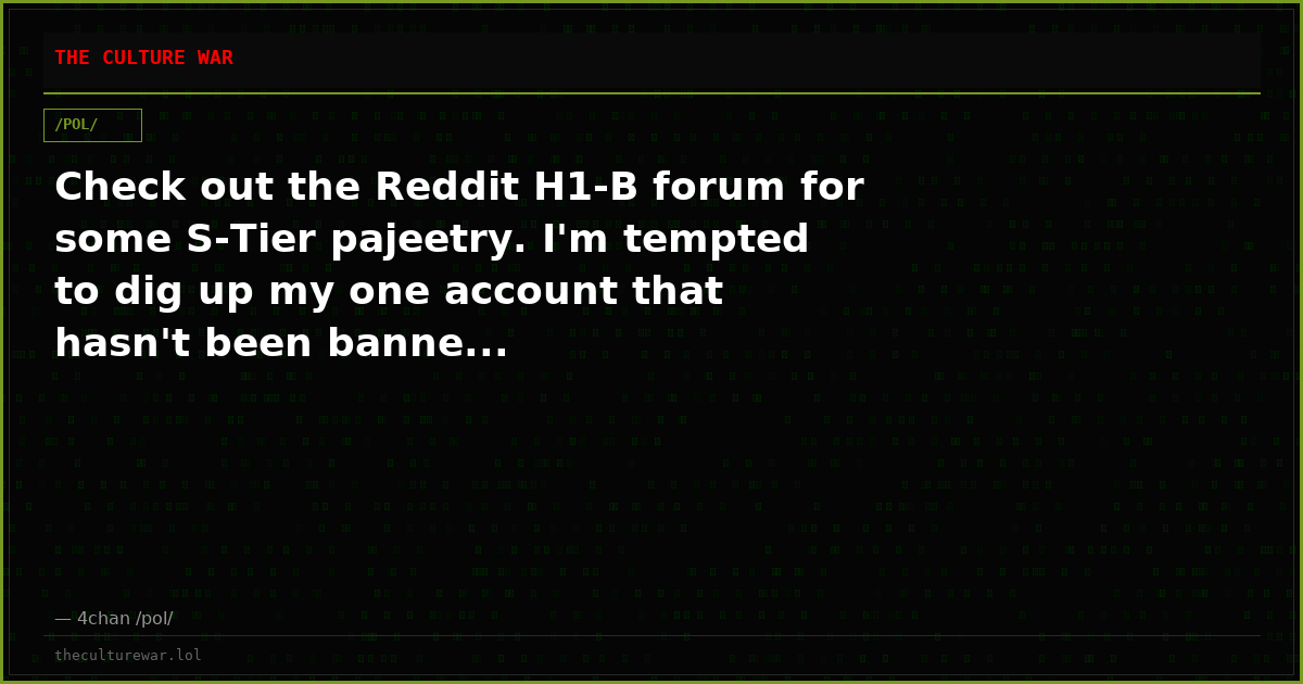 Check out the Reddit H1-B forum for some S-Tier pajeetry. I'm tempted to dig up my one account that hasn't been banne...
