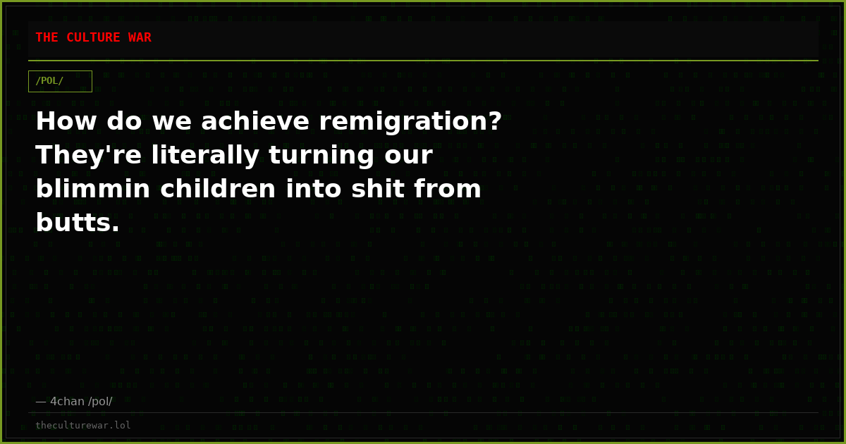 How do we achieve remigration? They're literally turning our blimmin children into shit from butts.