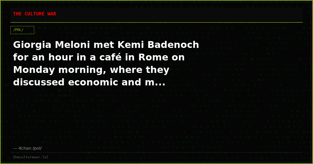 Giorgia Meloni met Kemi Badenoch for an hour in a café in Rome on Monday morning, where they discussed economic and m...