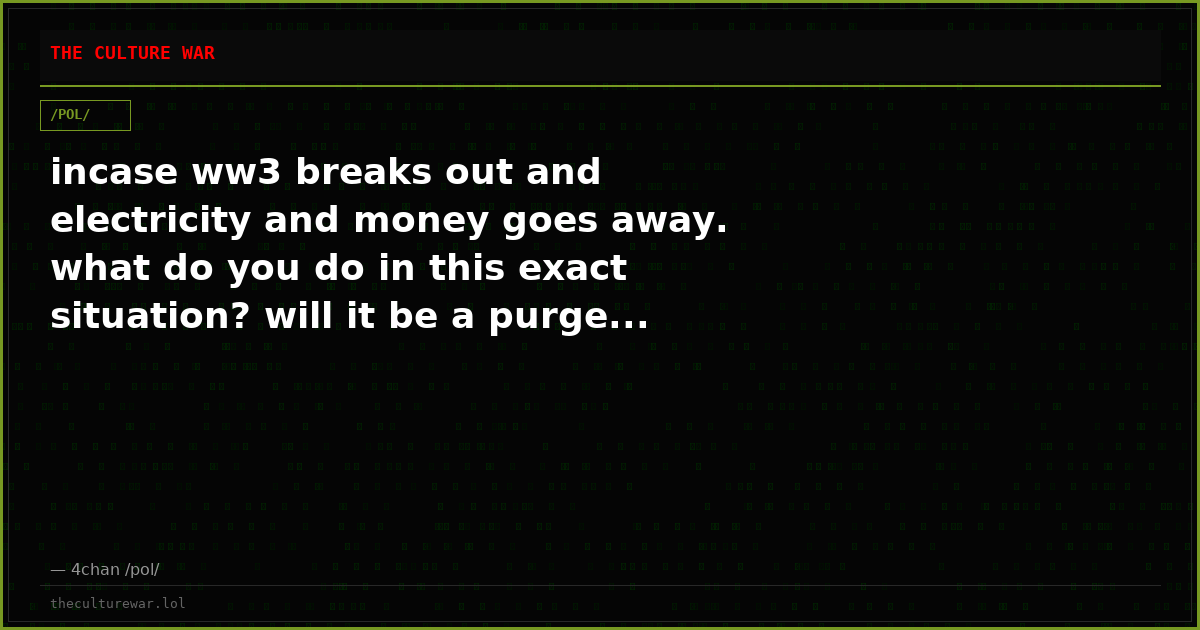 incase ww3 breaks out and electricity and money goes away. what do you do in this exact situation? will it be a purge...