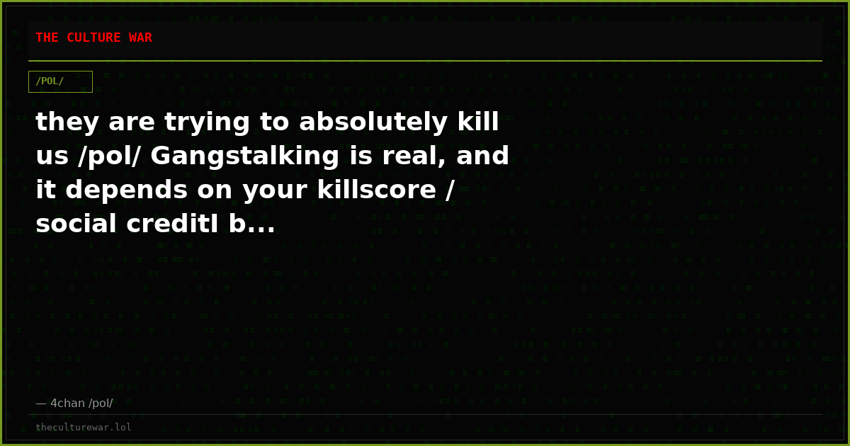 they are trying to absolutely kill us /pol/ Gangstalking is real, and it depends on your killscore / social creditI b...