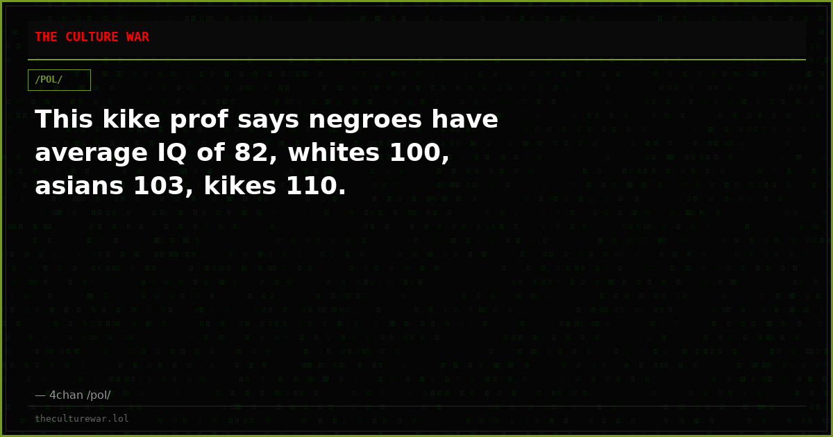 This kike prof says negroes have average IQ of 82, whites 100, asians 103, kikes 110.