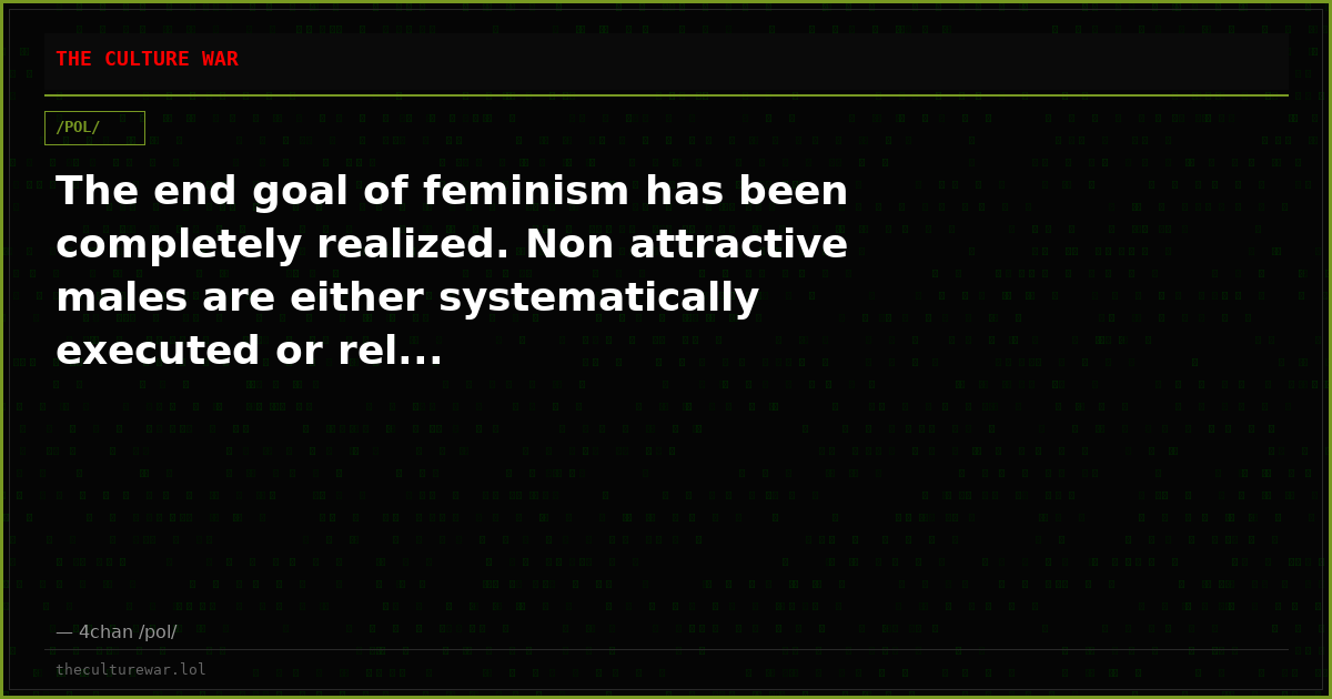 The end goal of feminism has been completely realized. Non attractive males are either systematically executed or rel...