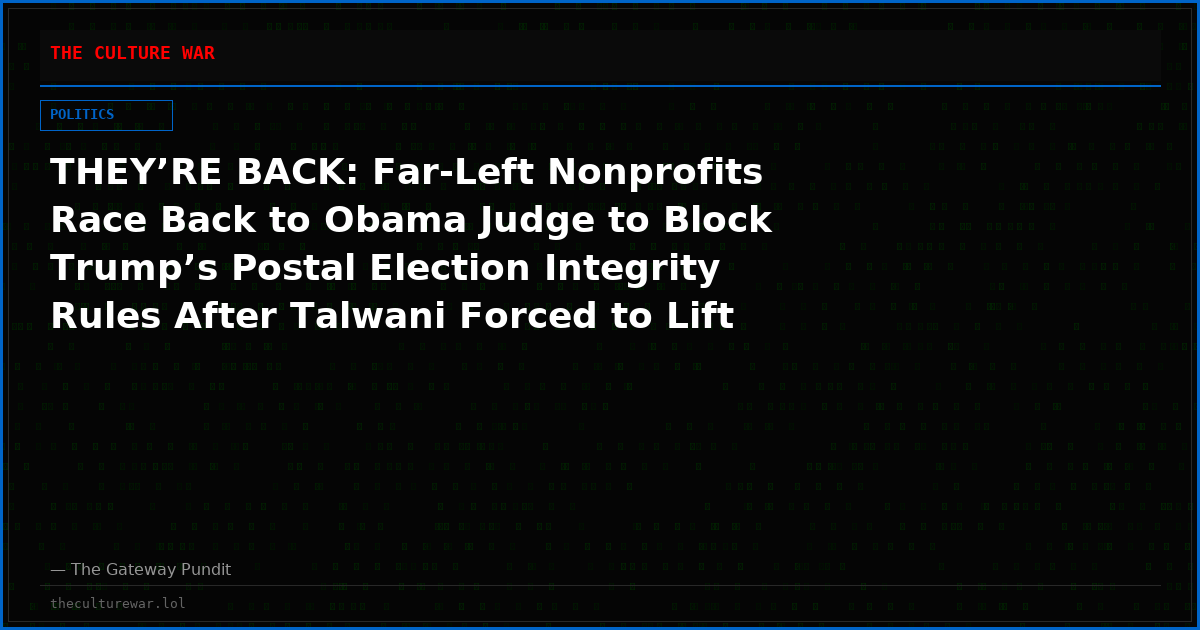 THEY’RE BACK: Far-Left Nonprofits Race Back to Obama Judge to Block Trump’s Postal Election Integrity Rules After Talwani Forced to Lift Nationwide Injunction