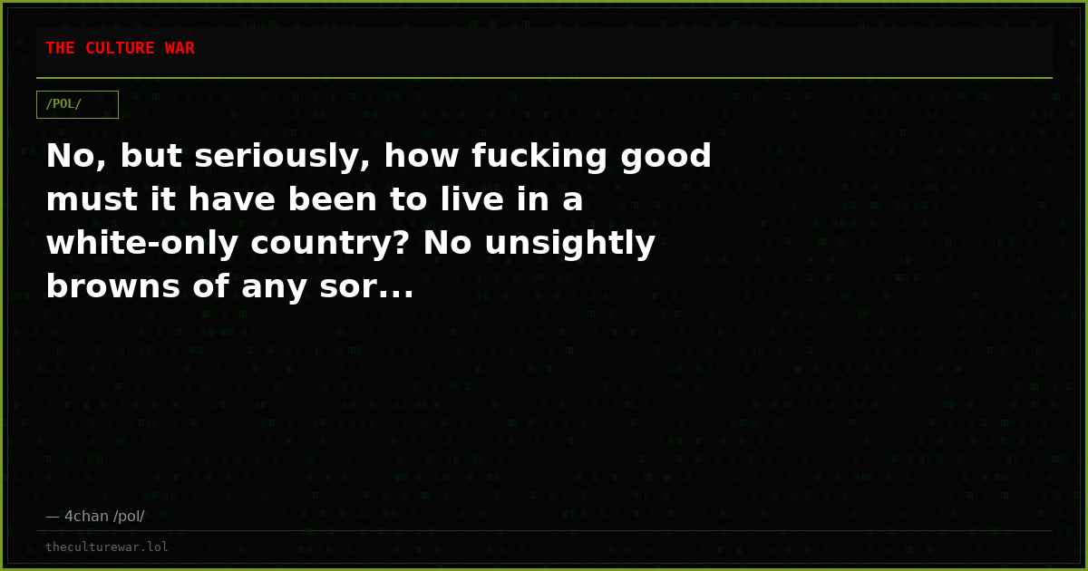 No, but seriously, how fucking good must it have been to live in a white-only country? No unsightly browns of any sor...