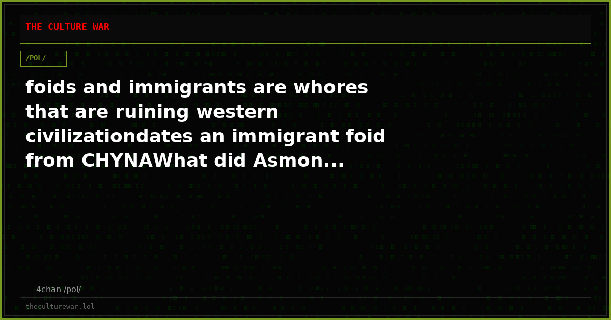 foids and immigrants are whores that are ruining western civilizationdates an immigrant foid from CHYNAWhat did Asmon...