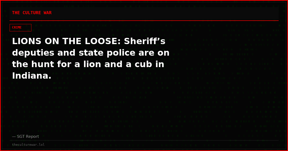 LIONS ON THE LOOSE: Sheriff’s deputies and state police are on the hunt for a lion and a cub in Indiana.