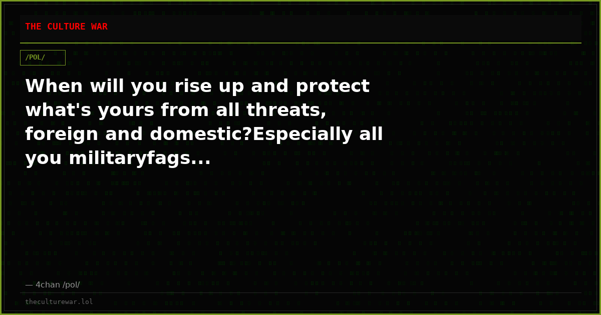 When will you rise up and protect what's yours from all threats, foreign and domestic?Especially all you militaryfags...