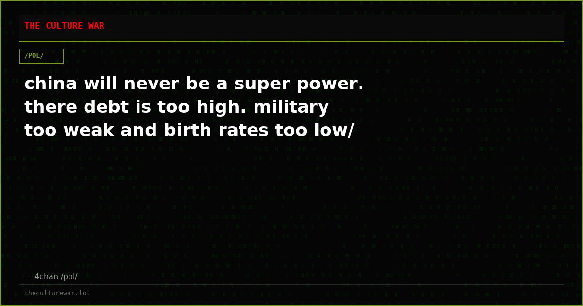 china will never be a super power. there debt is too high. military too weak and birth rates too low/
