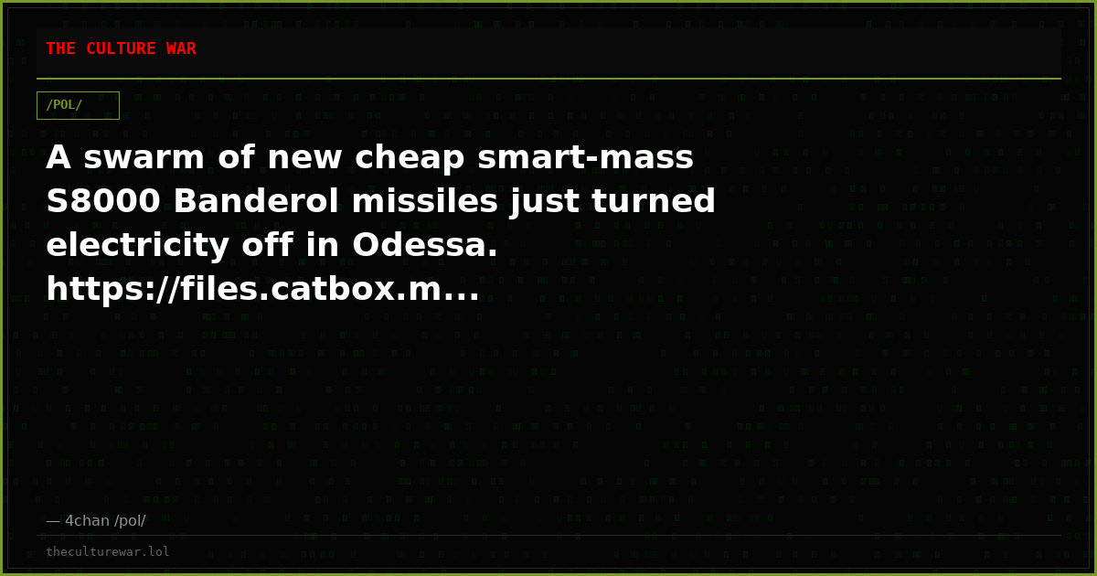 A swarm of new cheap smart-mass S8000 Banderol missiles just turned electricity off in Odessa. https://files.catbox.m...
