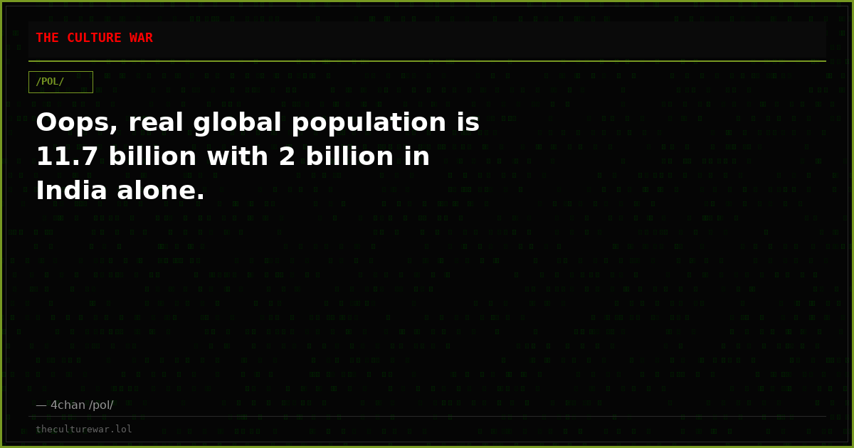 Oops, real global population is 11.7 billion with 2 billion in India alone.