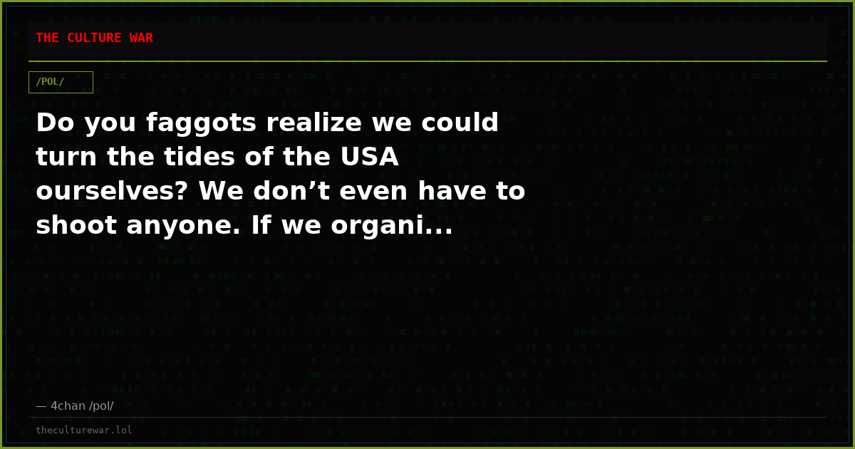 Do you faggots realize we could turn the tides of the USA ourselves? We don’t even have to shoot anyone. If we organi...