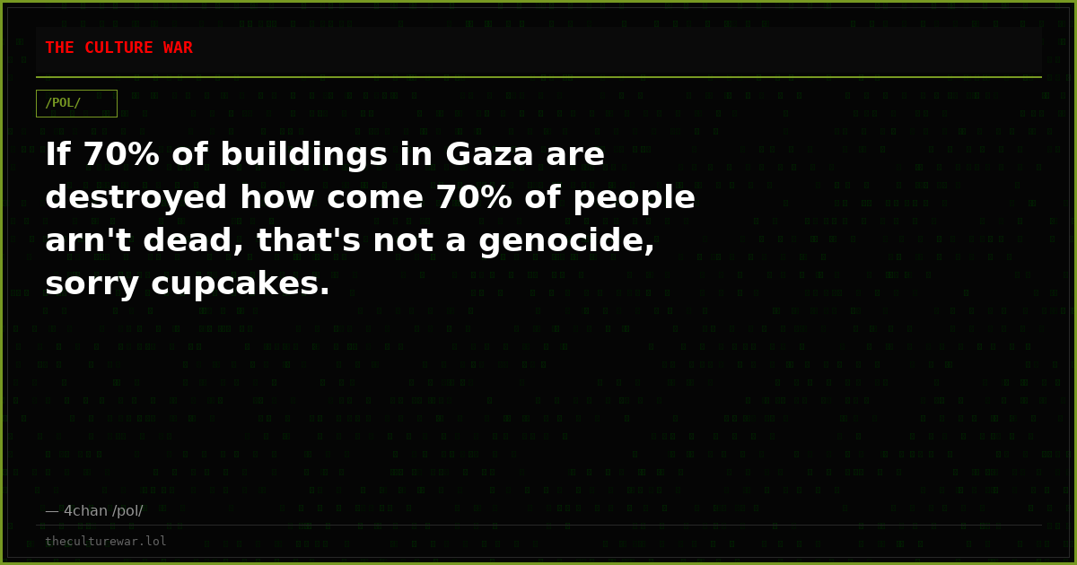 If 70% of buildings in Gaza are destroyed how come 70% of people arn't dead, that's not a genocide, sorry cupcakes.