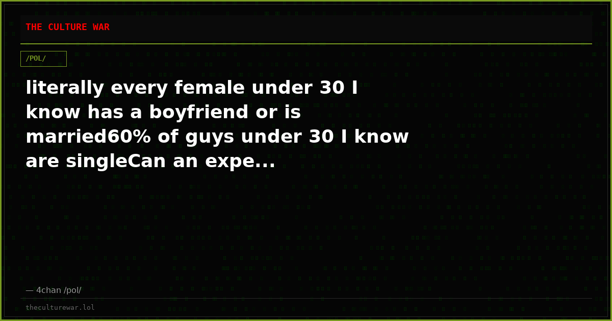 literally every female under 30 I know has a boyfriend or is married60% of guys under 30 I know are singleCan an expe...