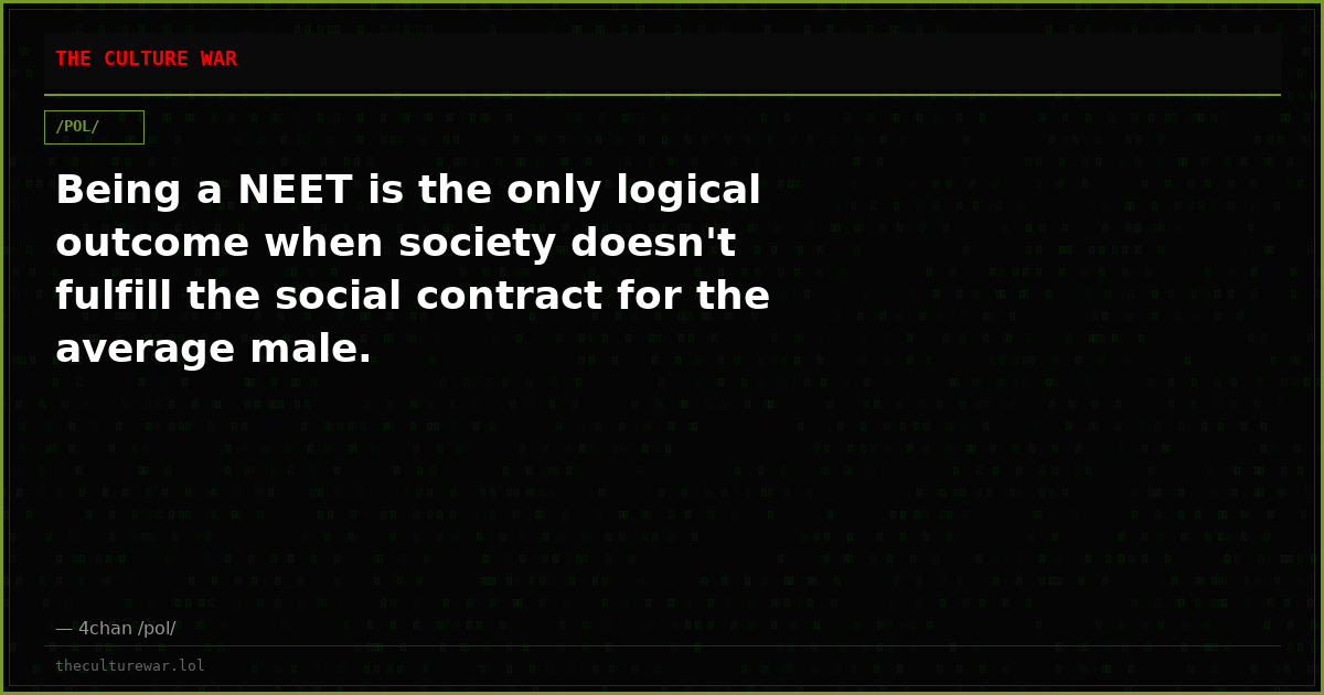 Being a NEET is the only logical outcome when society doesn't fulfill the social contract for the average male.