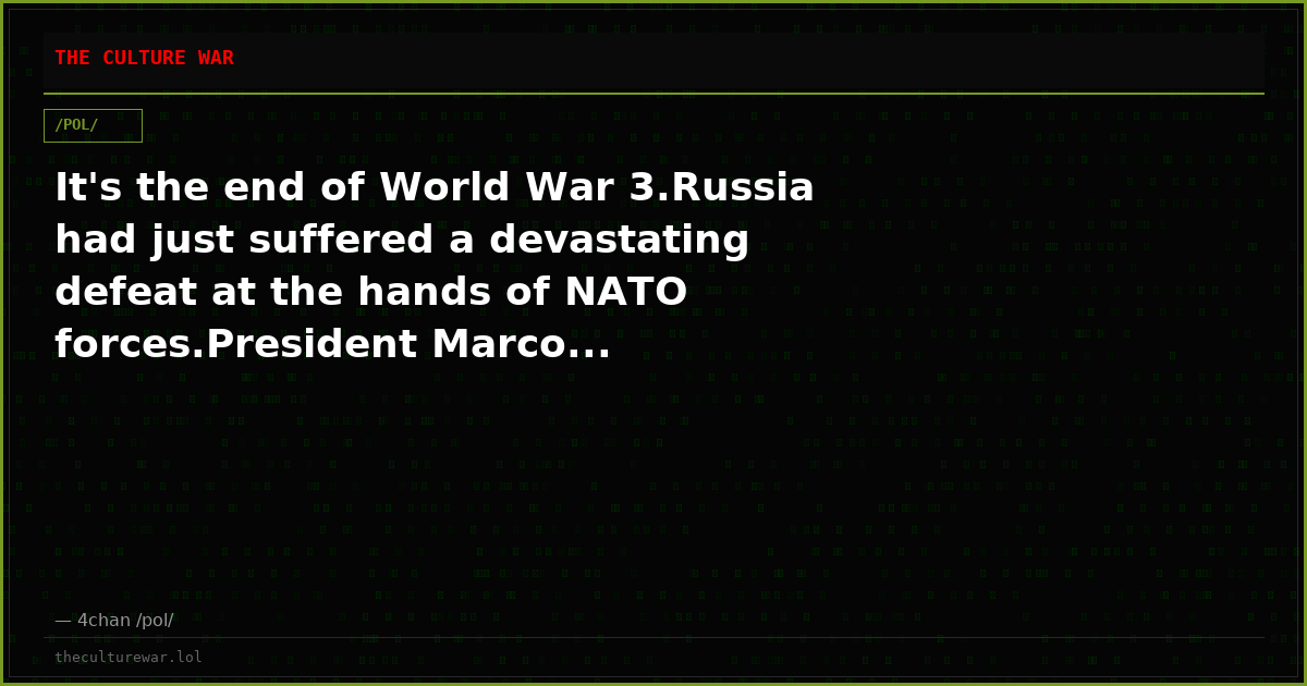 It's the end of World War 3.Russia had just suffered a devastating defeat at the hands of NATO forces.President Marco...