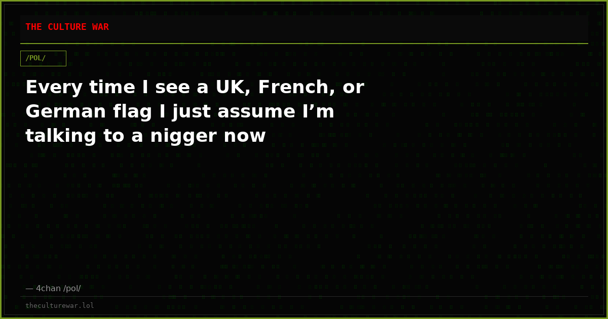 Every time I see a UK, French, or German flag I just assume I’m talking to a nigger now