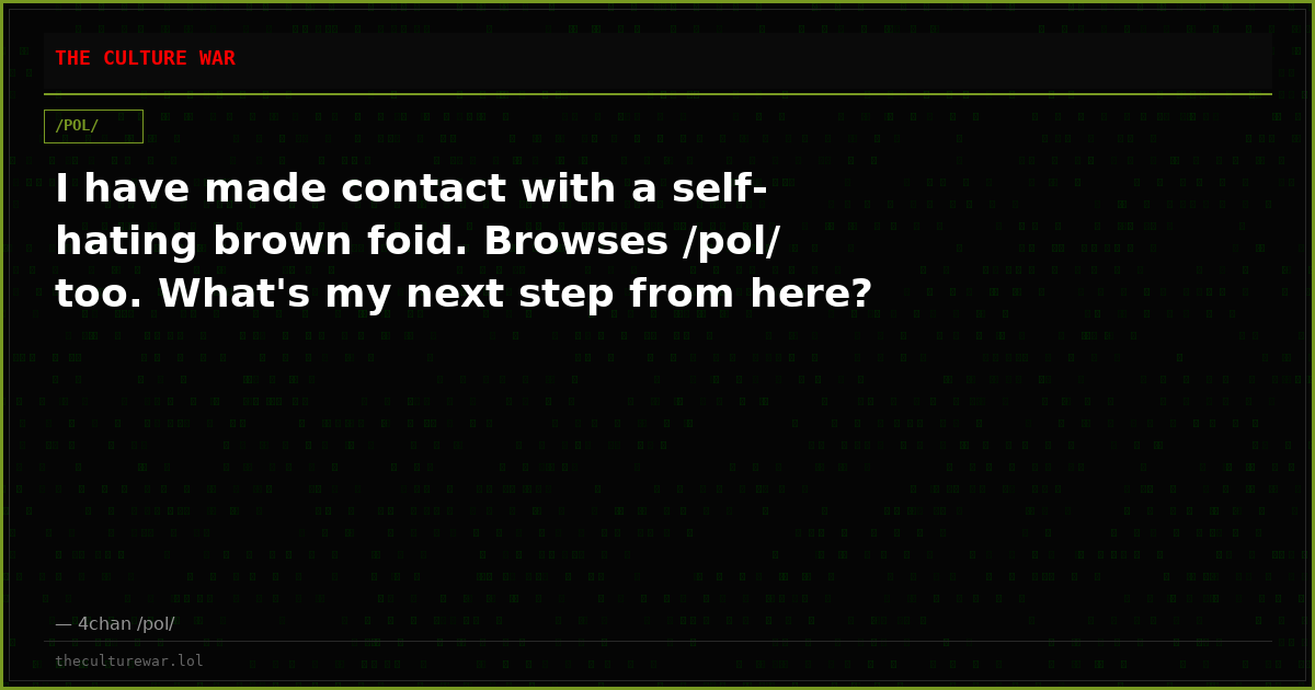 I have made contact with a self-hating brown foid. Browses /pol/ too. What's my next step from here?
