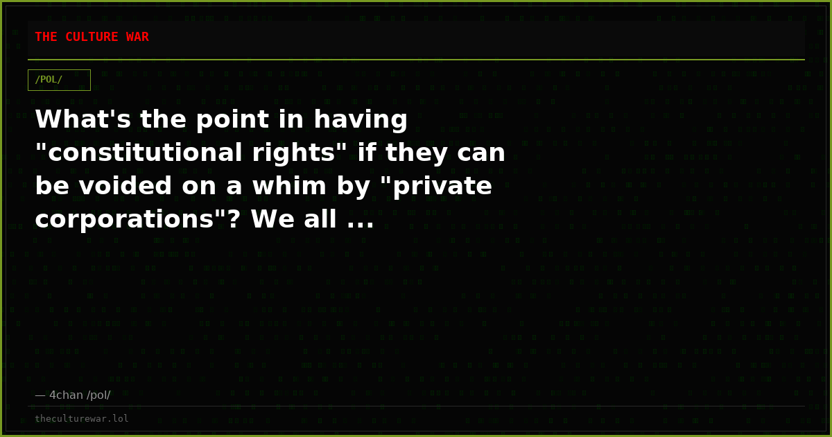 What's the point in having "constitutional rights" if they can be voided on a whim by "private corporations"? We all ...