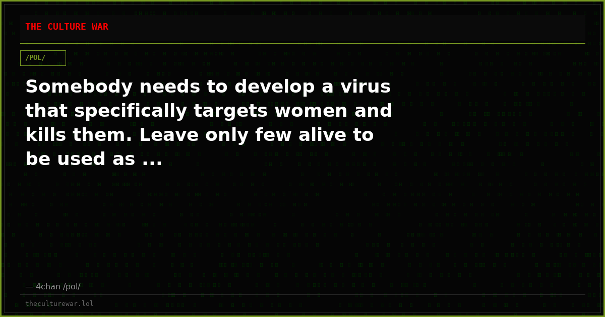 Somebody needs to develop a virus that specifically targets women and kills them. Leave only few alive to be used as ...