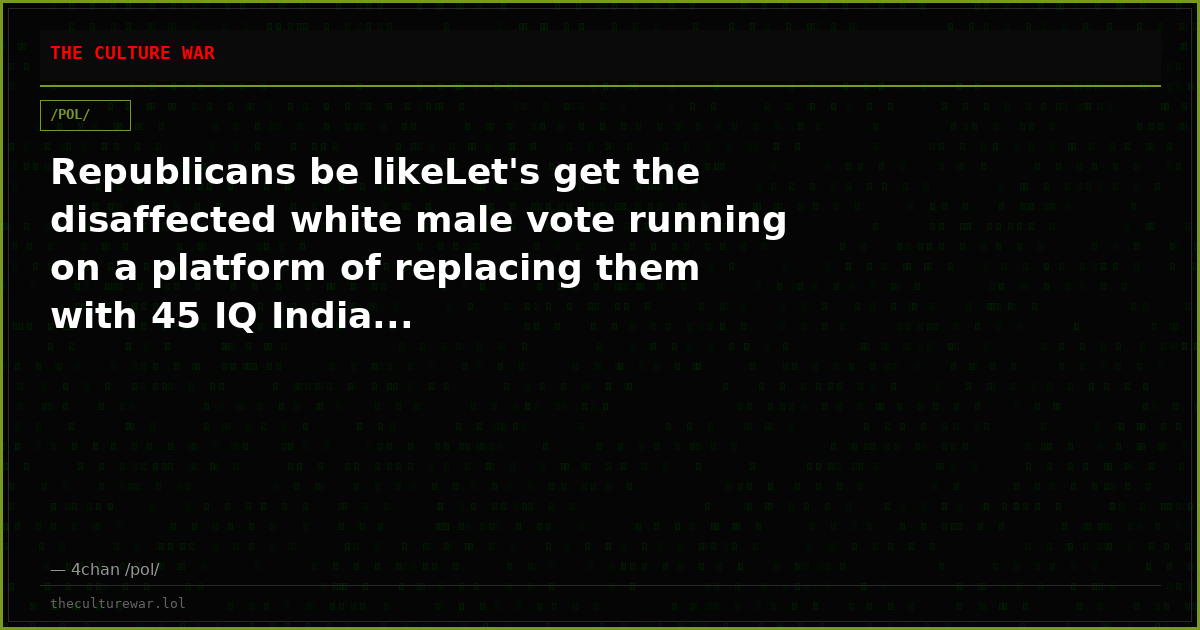 Republicans be likeLet's get the disaffected white male vote running on a platform of replacing them with 45 IQ India...
