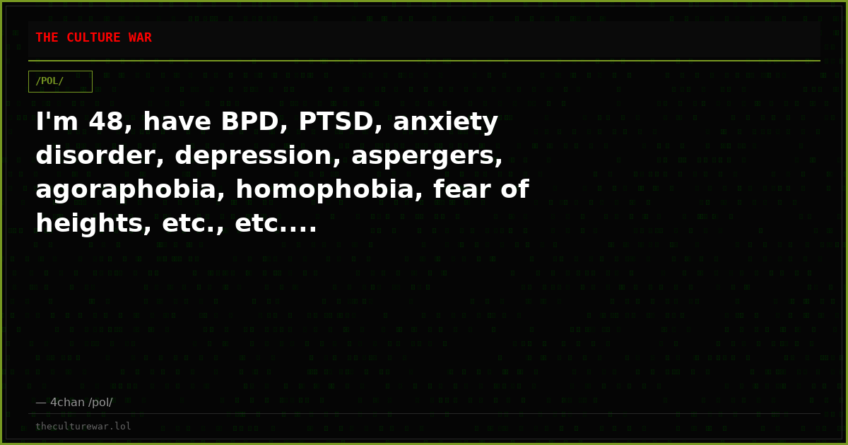 I'm 48, have BPD, PTSD, anxiety disorder, depression, aspergers, agoraphobia, homophobia, fear of heights, etc., etc....