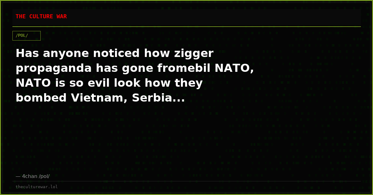 Has anyone noticed how zigger propaganda has gone fromebil NATO, NATO is so evil look how they bombed Vietnam, Serbia...