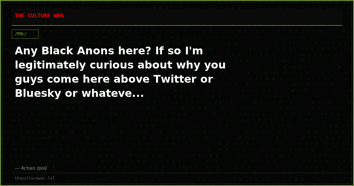 Any Black Anons here? If so I'm legitimately curious about why you guys come here above Twitter or Bluesky or whateve...