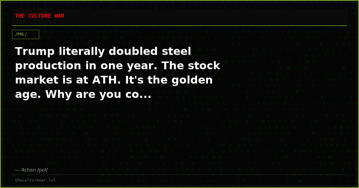 Trump literally doubled steel production in one year. The stock market is at ATH. It's the golden age. Why are you co...