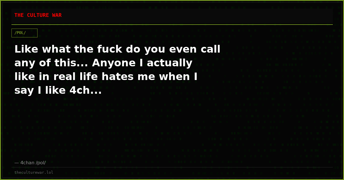 Like what the fuck do you even call any of this... Anyone I actually like in real life hates me when I say I like 4ch...