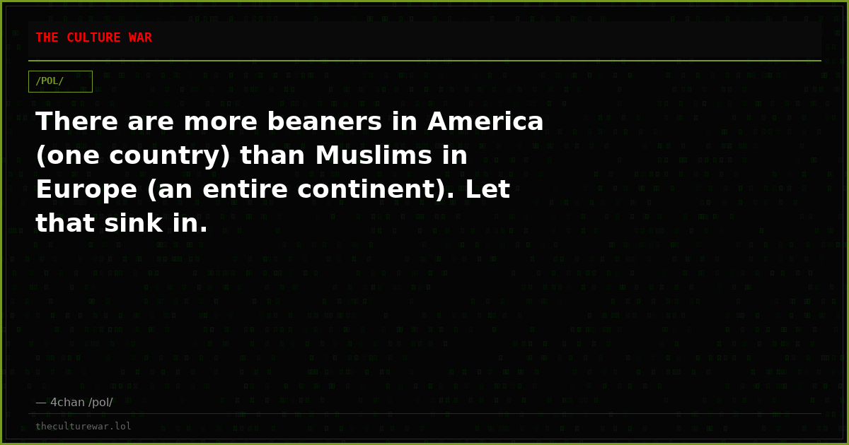 There are more beaners in America (one country) than Muslims in Europe (an entire continent). Let that sink in.