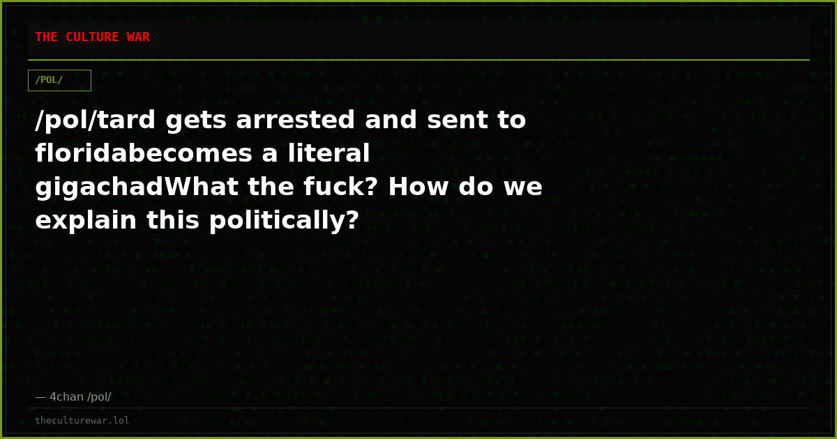 /pol/tard gets arrested and sent to floridabecomes a literal gigachadWhat the fuck? How do we explain this politically?