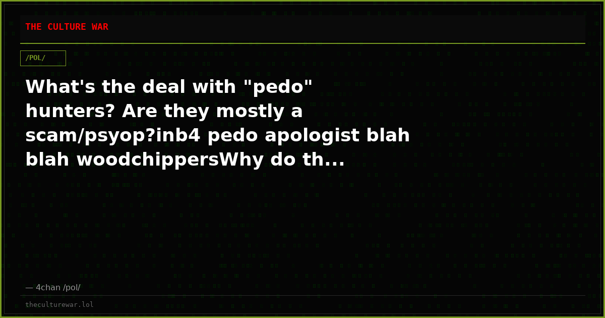 What's the deal with "pedo" hunters? Are they mostly a scam/psyop?inb4 pedo apologist blah blah woodchippersWhy do th...