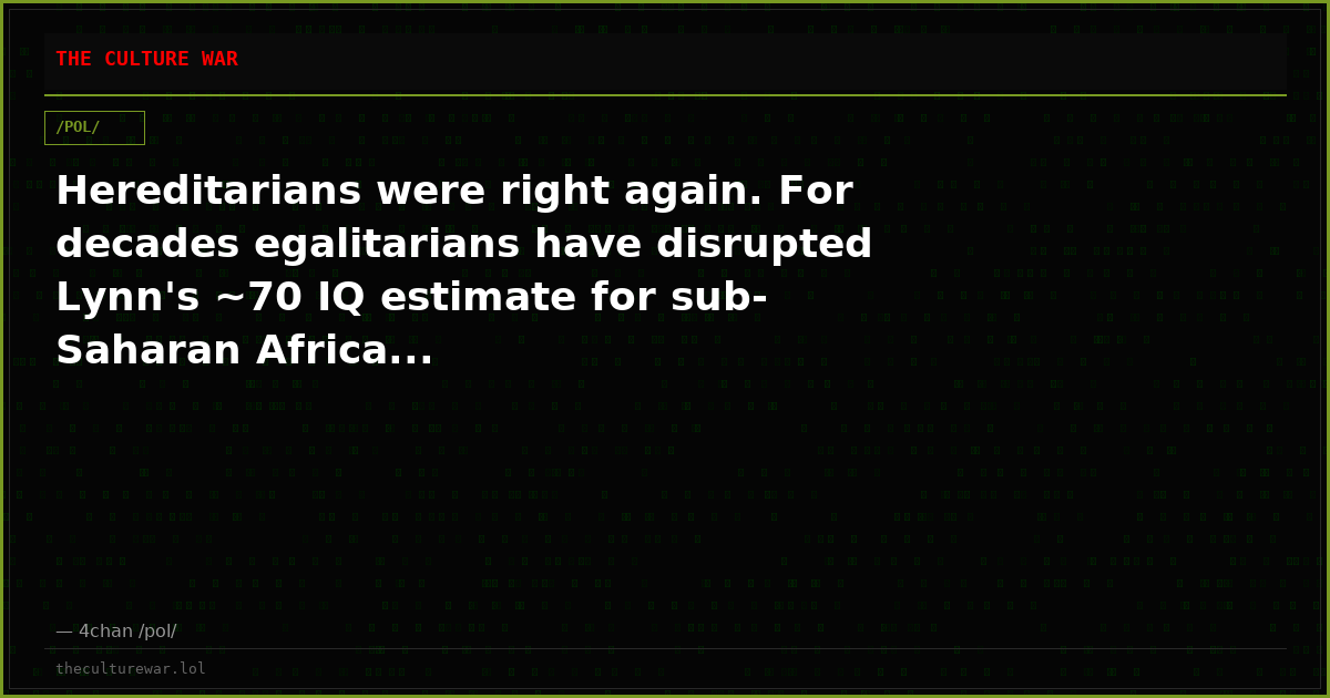 Hereditarians were right again. For decades egalitarians have disrupted Lynn's ~70 IQ estimate for sub-Saharan Africa...