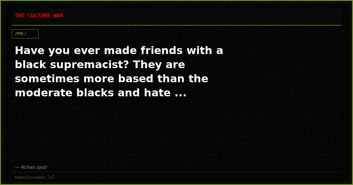 Have you ever made friends with a black supremacist? They are sometimes more based than the moderate blacks and hate ...