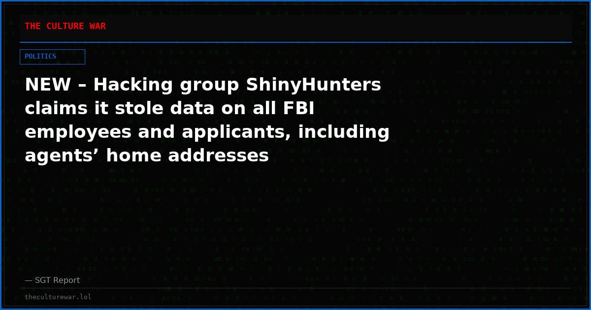 NEW – Hacking group ShinyHunters claims it stole data on all FBI employees and applicants, including agents’ home addresses