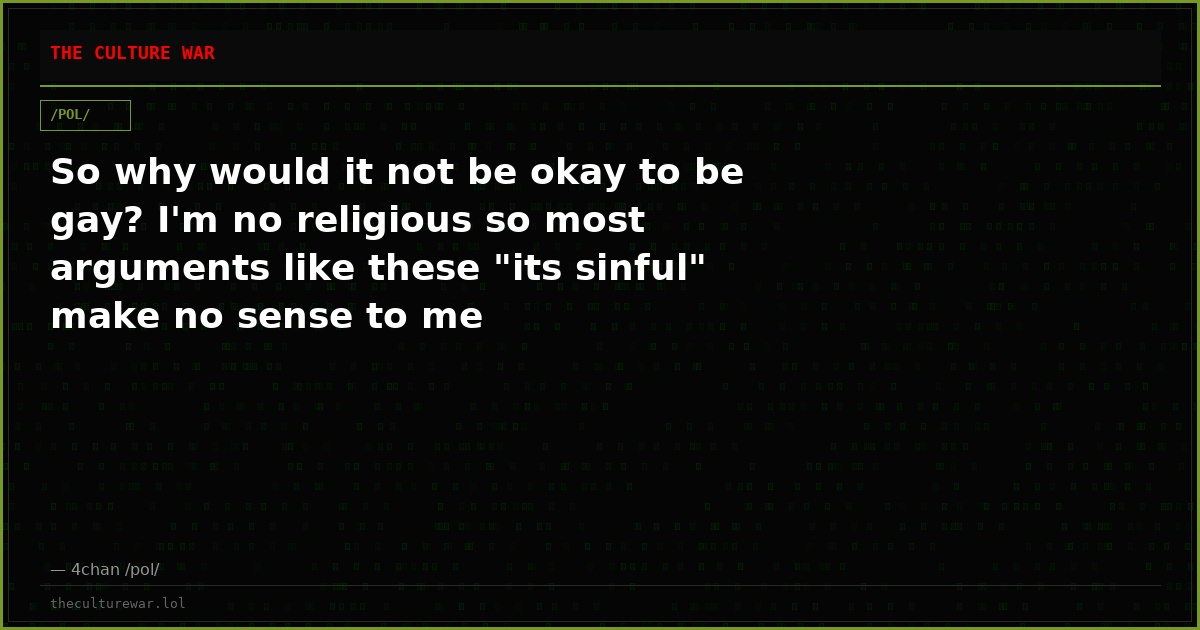 So why would it not be okay to be gay? I'm no religious so most arguments like these "its sinful" make no sense to me