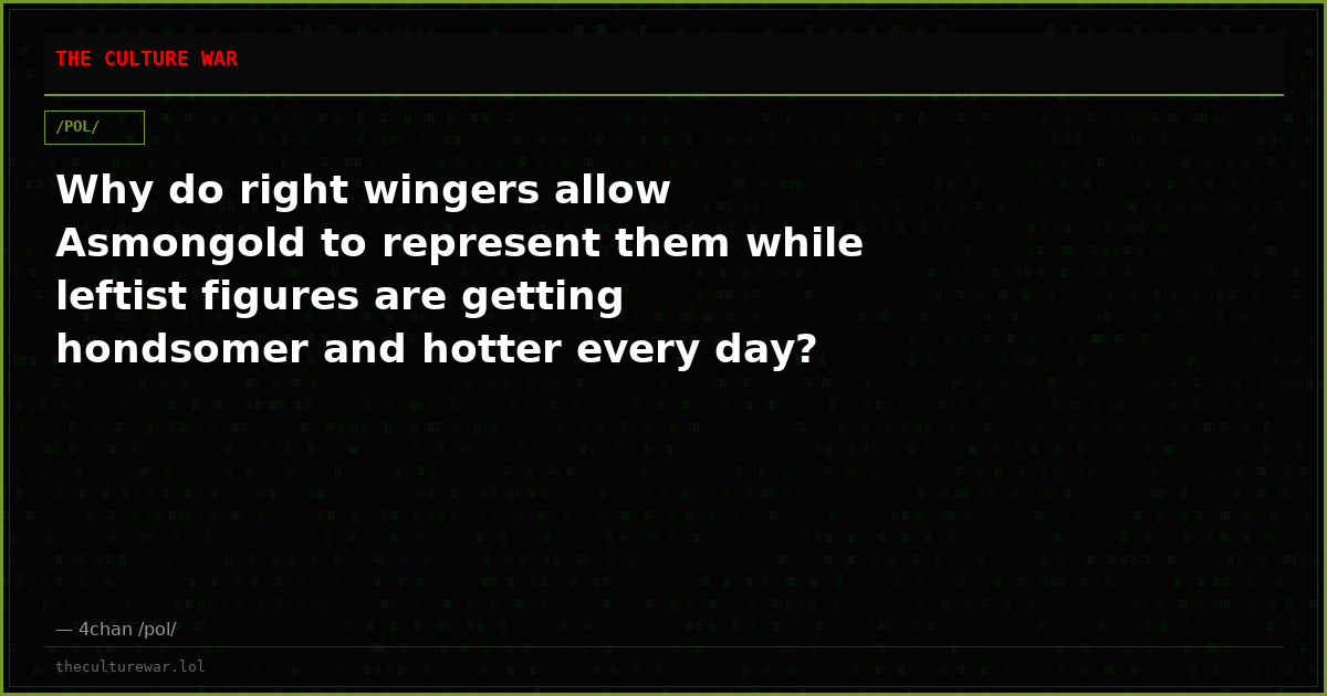 Why do right wingers allow Asmongold to represent them while leftist figures are getting hondsomer and hotter every day?