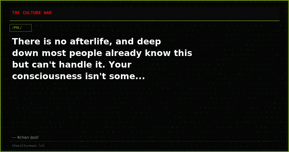 There is no afterlife, and deep down most people already know this but can't handle it. Your consciousness isn't some...